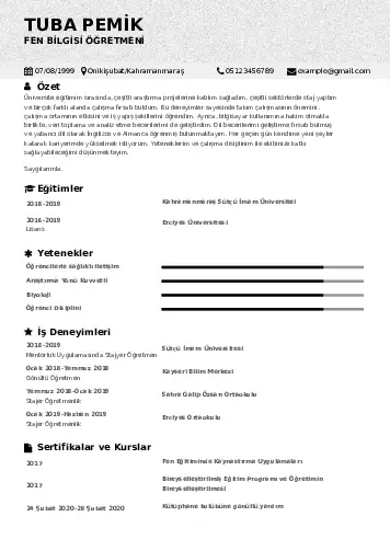 Fen Bilgisi Öğretmeni CV Örnekleri cv indir